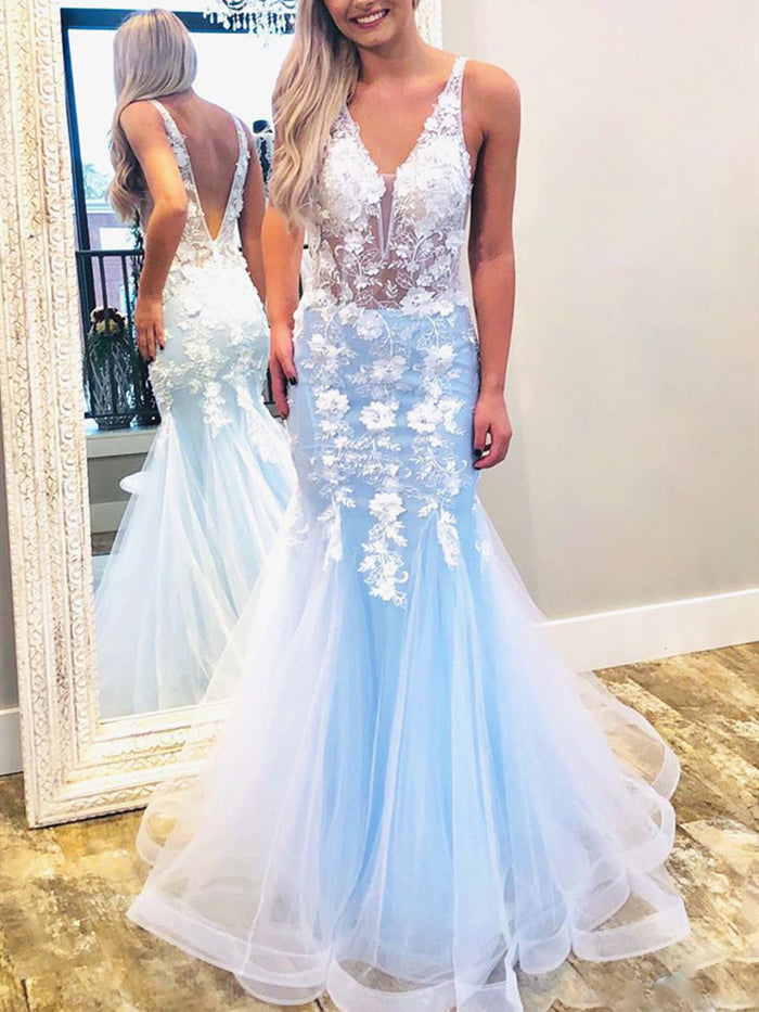 V Neck Blue Lace Mermaid Prom Dresses, Blue Lace Mermaid Formal Evening Dresses