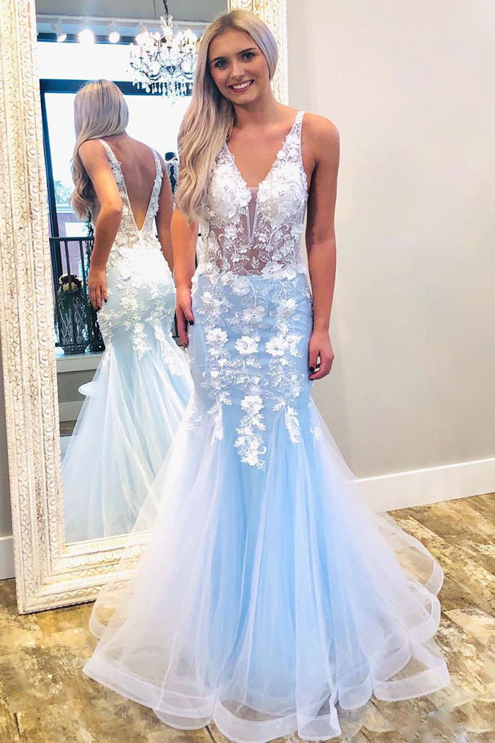 V Neck Blue Lace Mermaid Prom Dresses, Blue Lace Mermaid Formal Evening Dresses