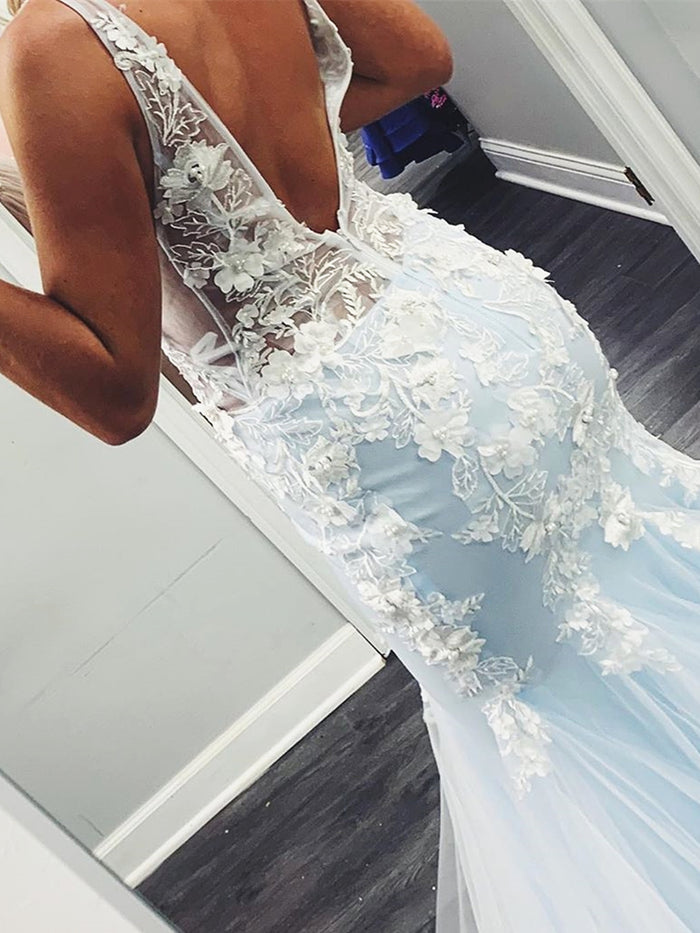 V Neck Blue Lace Mermaid Prom Dresses, Blue Lace Mermaid Formal Evening Dresses