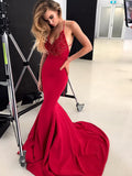 V Neck Burgundy Mermaid Lace Prom Dresses, Wine Red Mermaid Lace Formal Evening Dresses