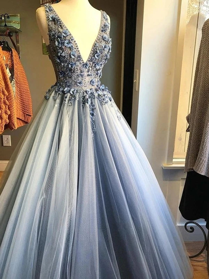 V Neck Gray Tulle 3D Floral Long Prom Dresses, Gray Floral Tulle Formal Evening Dresses