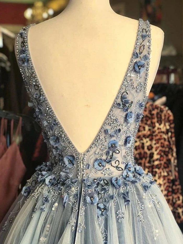 V Neck Gray Tulle 3D Floral Long Prom Dresses, Gray Floral Tulle Formal Evening Dresses