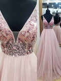 V Neck Pink Beaded Tulle Prom Dresses, Pink Backless V Neck Formal Evening Dresses