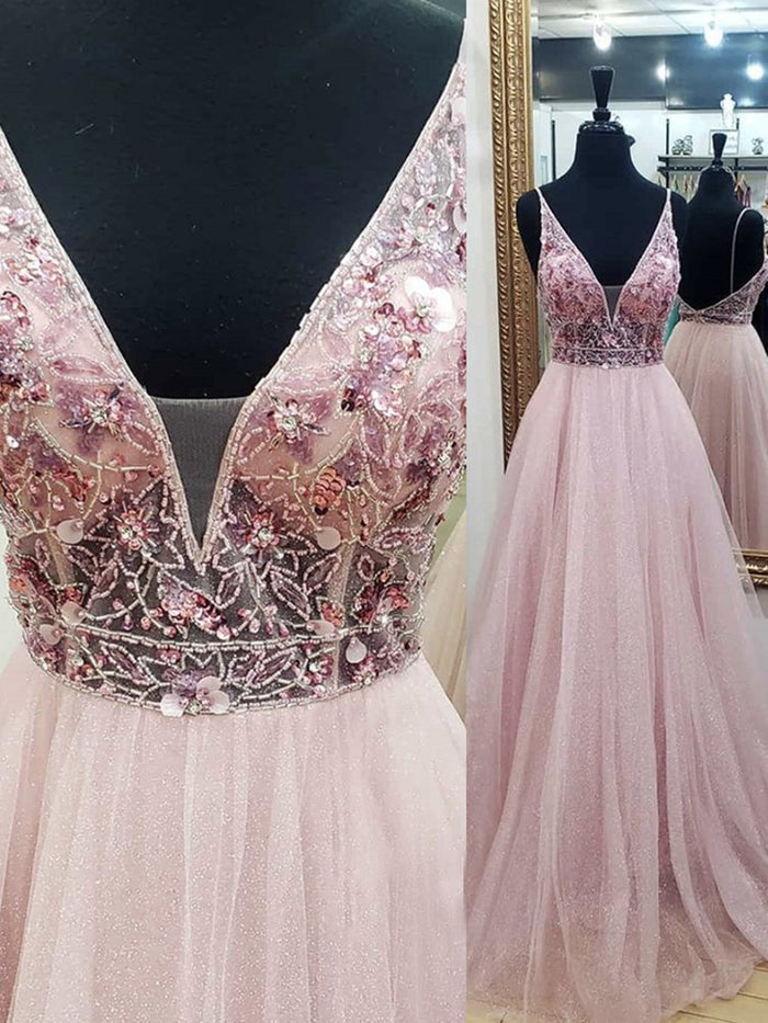 V Neck Pink Beaded Tulle Prom Dresses, Pink Backless V Neck Formal Evening Dresses