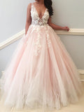 V Neck Pink Yellow 3D Lace Floral Prom Dresses, V Neck Lace Floral Long Formal Evening Dresses