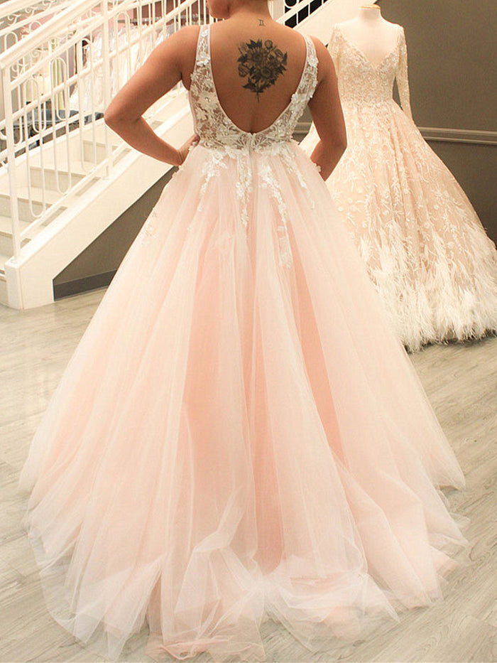 V Neck Pink Yellow 3D Lace Floral Prom Dresses, V Neck Lace Floral Long Formal Evening Dresses