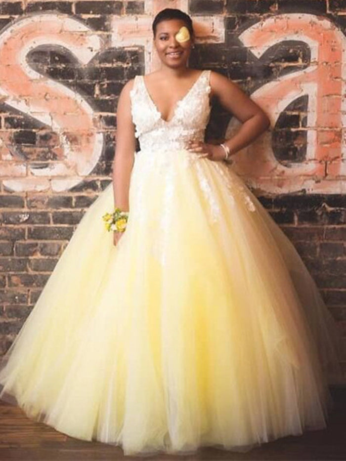 V Neck Pink Yellow 3D Lace Floral Prom Dresses, V Neck Lace Floral Long Formal Evening Dresses
