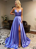 V Neck Purple Backless Long Prom Dresses, Open Back Purple Long Formal Evening Dresses