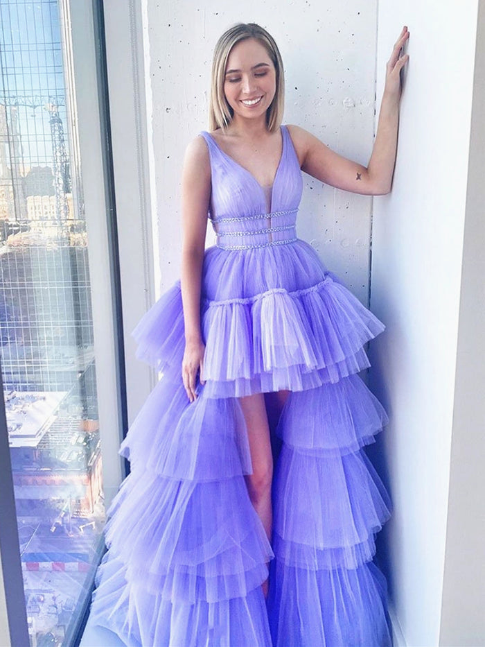 V Neck Purple High Low Prom Dresses, Purple High Low Formal Evening Graduation Dresses