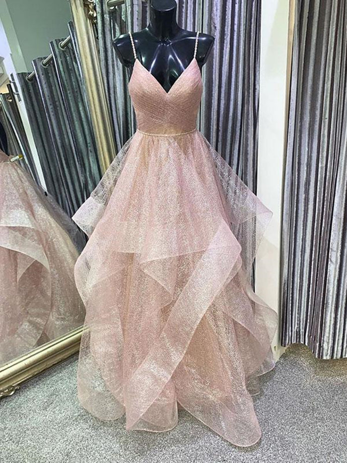 V Neck Rose Gold Backless Long Prom Dresses, Open Back Rose Gold Formal Evening Dresses