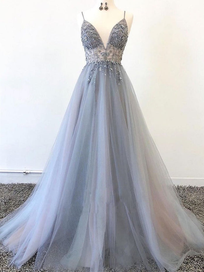 V Neck Silver Grey Beaded Long Prom Dresses, Silver Gray Beaded Long Formal Evening Dresses