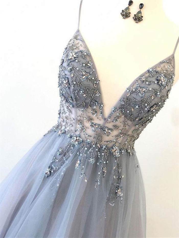 V Neck Silver Grey Beaded Long Prom Dresses, Silver Gray Beaded Long Formal Evening Dresses