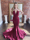 V Neck Strapless Burgundy Mermaid Prom Dresses with Train, Burgundy Mermaid Formal Evening Dresses