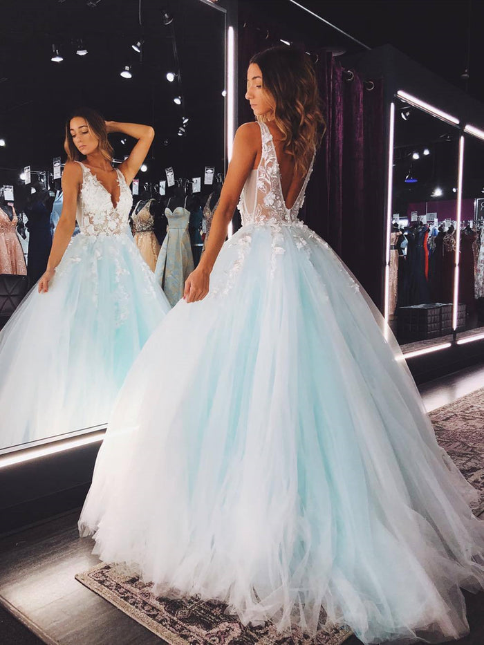 V Neck Teal Lace Floral Long Prom Dress, Teal Lace Floral Long Formal Evening Dresses