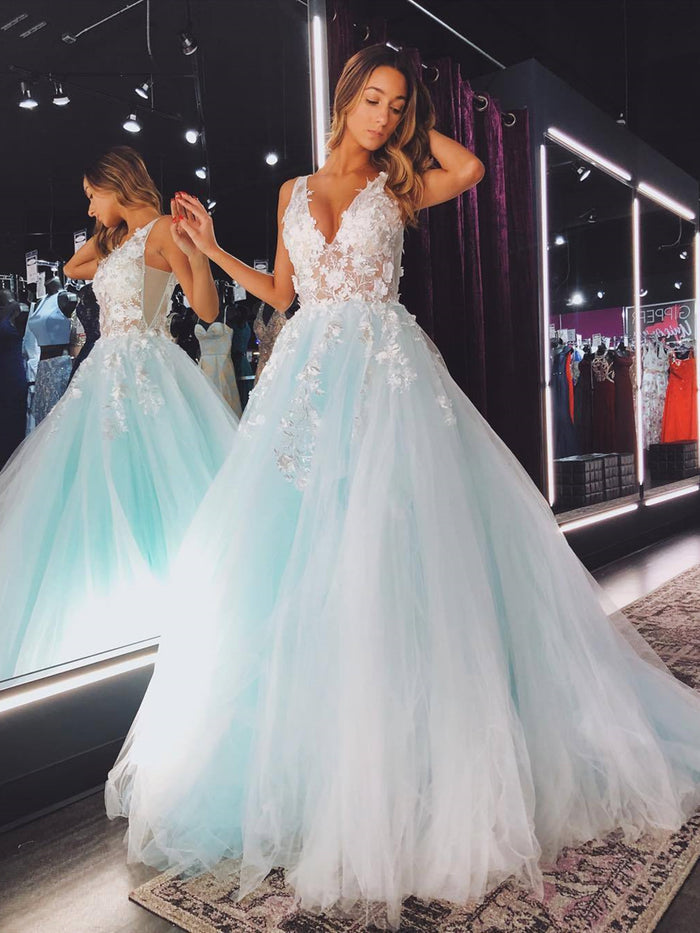V Neck Teal Lace Floral Long Prom Dress, Teal Lace Floral Long Formal Evening Dresses